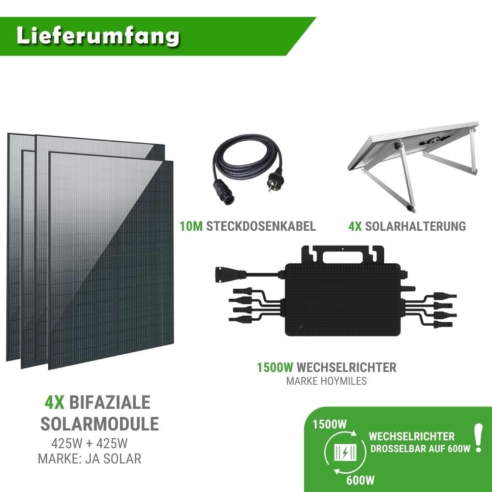 Set 66 - Balkonkraftwerk bifazial - 4x Solarmodule - 1500W + 10m Betteri Kabel + 2x Flachdach-Halterung