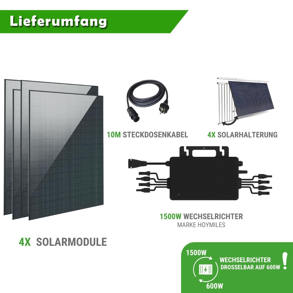 Set 50 - Balkonkraftwerk - 4x Solarmodule - 1500W Wechselrichter + 10m Betteri Kabel + Solarmodul-Halterung