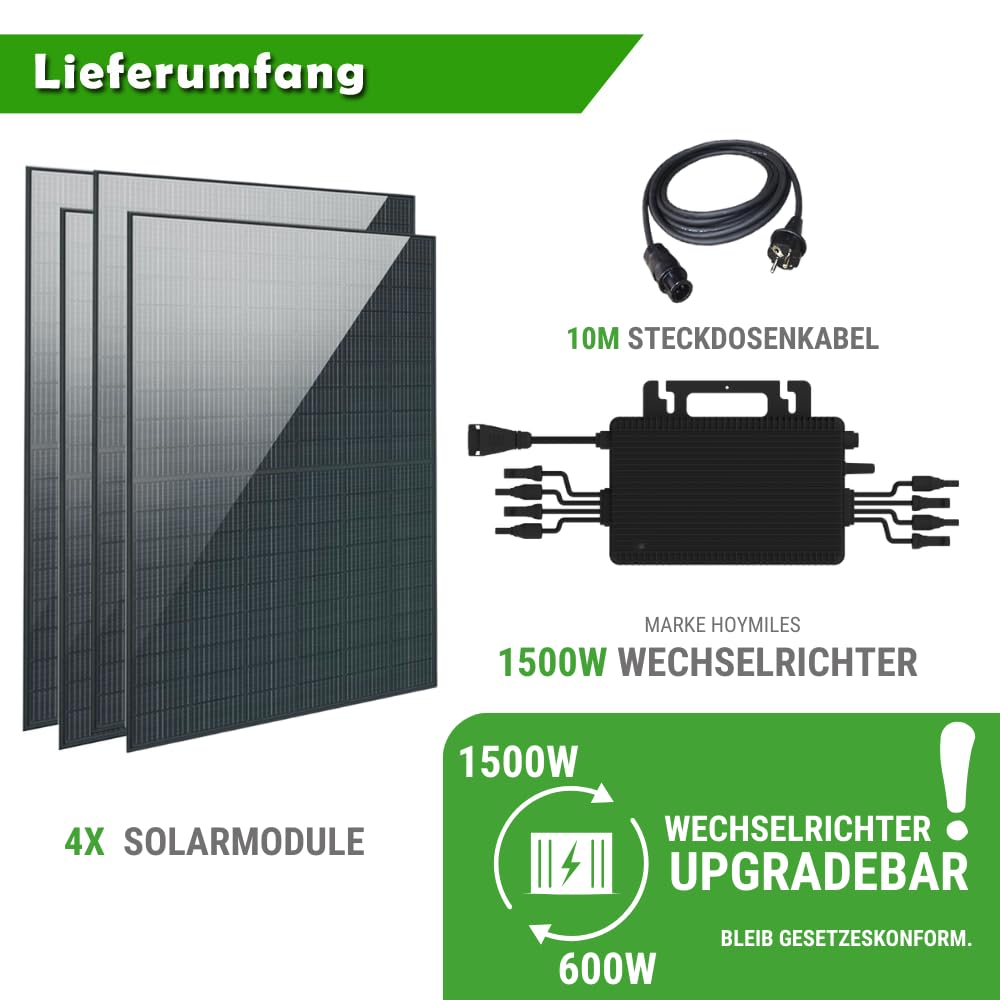 Set 49 - Balkonkraftwerk - 4x Solarmodule - 1500W Wechselrichter + 10m Betteri Kabel